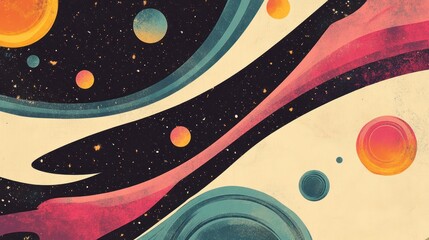Abstract cosmic swirls, planets, stars; space background; design art