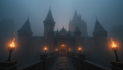 Torches illuminate the entrance of a medieval castle that is encircled by dense fog.