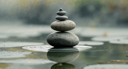 Stack of rocks balanced on a puddle symbolizing tranquility and inner peace
