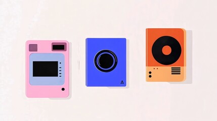 Vintage electronic devices designed in bright colors showcase unique styles and functions on a minimalist backdrop