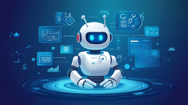 Chatbot technology isometric banner. Ai robot customer support, help and online consultation. Future marketing innovation, artificial intelligence digital advisor, 3d vector illustration, line art