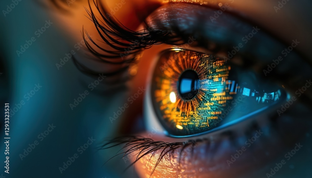 Poster extreme close-up of human eye with computer code reflection, tech integration. iris displays cyber c