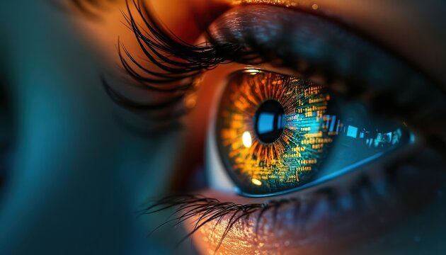 Extreme close-up of human eye with computer code reflection, tech integration. Iris displays cyber circuit patterns, binary data. Concept for futuristic vision, digital world, AI, tech, innovation.