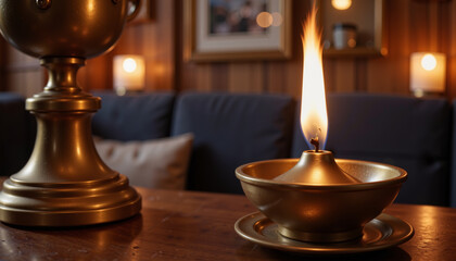 Golden oil lantern with flame on wooden table in cozy setting, Easter