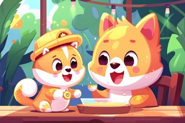Fototapeta premium A cheerful cartoon scene featuring a parent and child dog sharing a joyful moment at a table in a vibrant, green setting.
