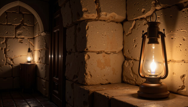 Oil lanterns illuminating stone walls in a dimly lit corridor, Easter