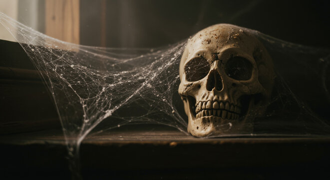 Human skull on a antique wooden table in an abandoned mansion covered in cobwebs