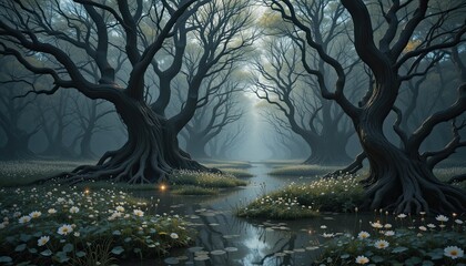 Obraz premium Ancient, twisted trees and luminous will-o'-the-wisps adorn this ethereal wetland