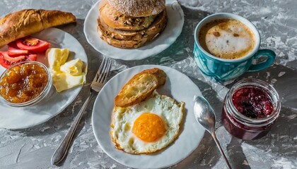 Tasty Breakfast &ndash; Scrambled Eggs, Coffee, Jam, and Other Food on a Grey Textured Table, Close-Up