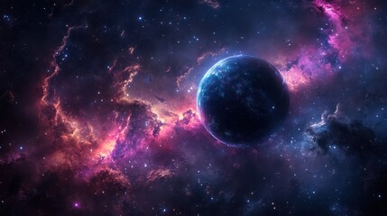 Obraz premium Cosmic Nebula Planet Vibrant interstellar clouds surround a blue exoplanet, perfect for space exploration visuals