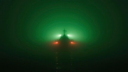 Ship with Green and Red Lights in Fog at Night