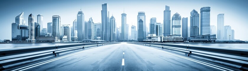 Fototapeta premium A panoramic view of a modern skyline featuring sleek skyscrapers under a blue-toned atmosphere, with a smooth road leading towards the city.