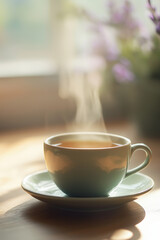 A cup of warm tea on a ceramic saucer with steam rising, set against pastel mint and lavender tones, creating a calm and comforting atmosphere
Generative AI