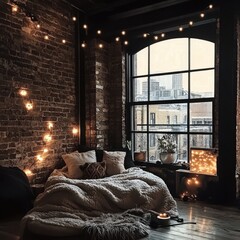 A cozy bedroom with brick walls with string lights