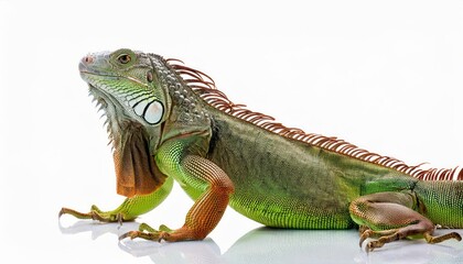 Obraz premium Vivid Green Iguana Isolated on a White Background, Striking Reptilian Majesty Captured in High Definition, Perfect for Digital Art, Home Decor, and Design Inspiration.