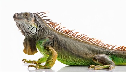 Obraz premium Vivid Green Iguana Strikingly Framed against a Crisp, Clean Backdrop, Capturing the Majestic Beauty and Unique Characteristics of this Fascinating Reptile in High Definition.