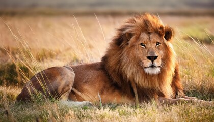 Majestic Lion Resting Amidst the Golden Savannah Grasses Under a Sunset Sky, Majestically Portraying Serenity and Power in the African Plains.