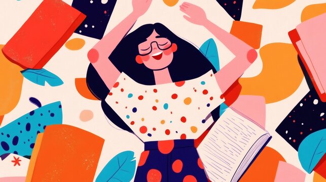 Creative woman enjoying reading among colorful books and leaves in a vibrant setting