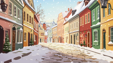Fototapeta premium Old town street with retro european buildings and stone promenade. Vector parallax background for 2d animation with cartoon winter cityscape with vintage architecture and snow