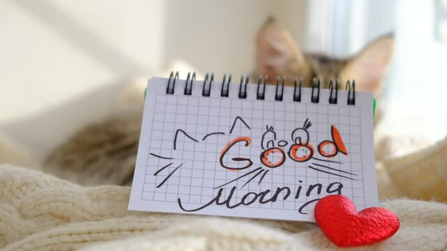 Text Good Morning on paper, handwriting on notepad. Motivation. Love. Atmospheric mood. Cute british shorthair kitten next window, relaxation. Have a nice day