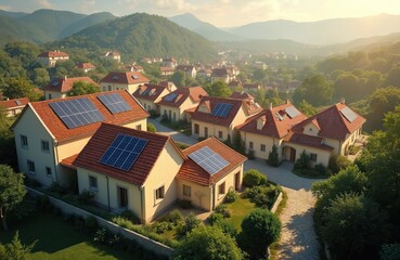 Fototapeta premium Aerial view of solar panels on roofs in village homes. Sustainable energy generation by photovoltaic cells. Eco friendly tech for electricity, power supply. Houses with red tile roofs.