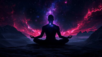 Meditative figure silhouetted against a vibrant cosmic landscape.