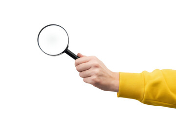 magnifying glass held by hand isolated on white background