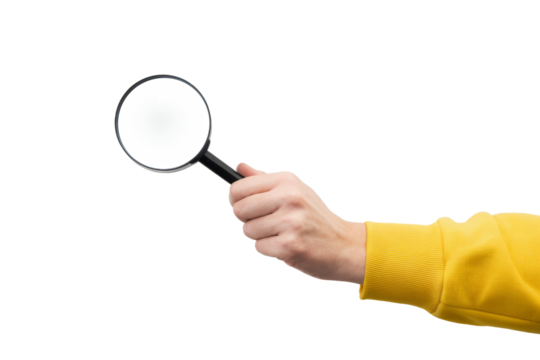 magnifying glass held by hand isolated on white background