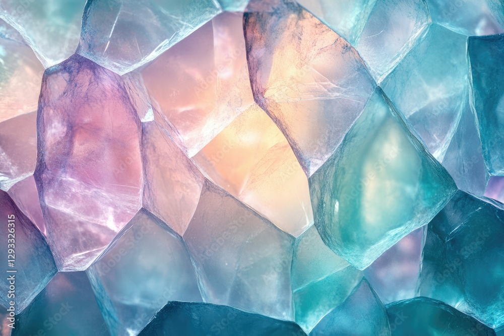 Aufkleber close-up view of pastel-colored crystalline structures, showcasing intricate facets and translucent 