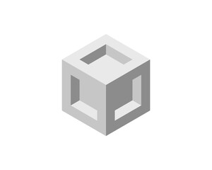 Isometric gray cube with inner openings, showcasing structure, depth, and design.  Ideal for presentations on architecture, technology, or concepts of space and limitation.