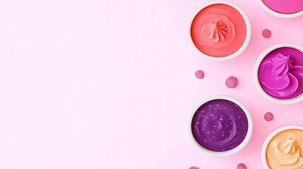 Colorful assorted frosting in bowls arranged on a light pink surface with decorative sprinkles for baking decor