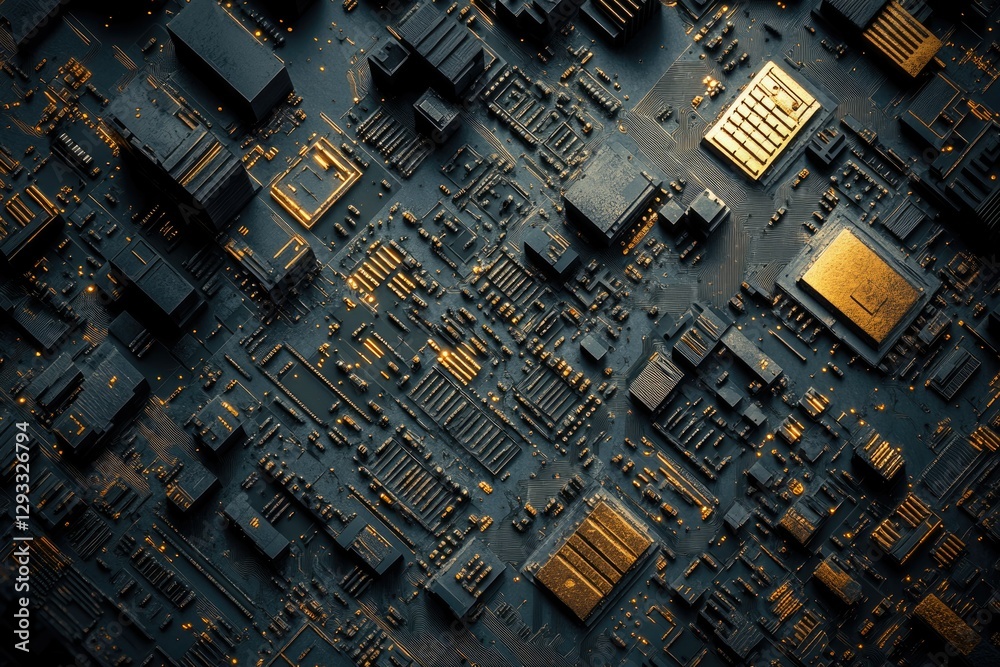 Aufkleber abstract close-up of a circuit board, showcasing intricate components and golden accents.