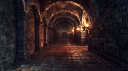 Dark medieval dungeon with stone wall for game background. Fantasy castle with brick floor in corridor. Spooky underground prison hallway with torch fire and arch architecture inside at night