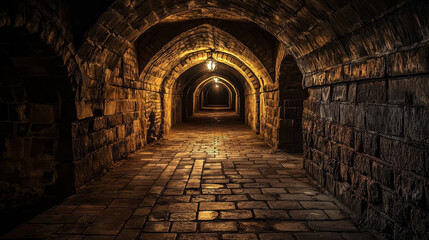 Dark medieval dungeon with stone wall for game background. Fantasy castle with brick floor in corridor. Spooky underground prison hallway with torch fire and arch architecture inside at night