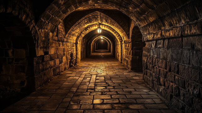 Dark medieval dungeon with stone wall for game background. Fantasy castle with brick floor in corridor. Spooky underground prison hallway with torch fire and arch architecture inside at night