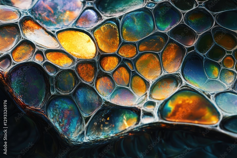 Poster abstract iridescent image of interconnected, organic-shaped cells, resembling a vibrant, flowing net