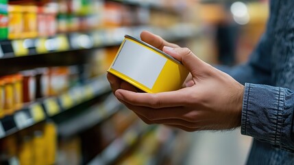 Close-up of a man's hands holding and reading the empty white label on a yellow can in a supermarket