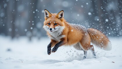 With snowflakes lodged in its fur, a playful red fox leaps through the snow