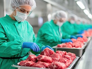 Meat processing action factory location industrial content clean environment close-up view food safety concept