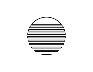 A circular design featuring a retro sun, characterized by horizontal lines, reminiscent of the eighties and nineties era. perfect for vintage-style projects.