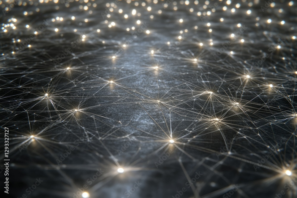 Fototapete Abstract network visualization; interconnected nodes emitting light, representing data flow or neural connections.