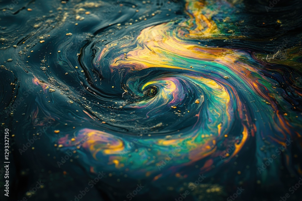 Poster abstract swirling pattern of iridescent colors and gold flecks on a dark background, resembling a co