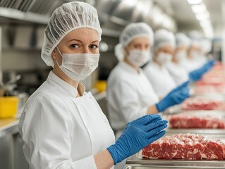 Food preparation action by chefs in a commercial kitchen hygiene practices professional setting focused view