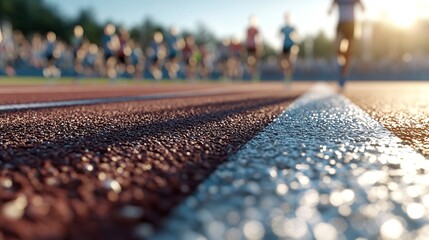 Fototapeta premium runners on a track with a close-up of the track line in the foreground