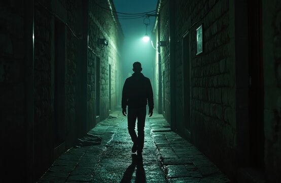 Silhouette of man walking alone in dark alley at night. Illuminated by street light. Stone walls line narrow urban street. Mystery, fear, loneliness concept. Low key. Risk. Danger.