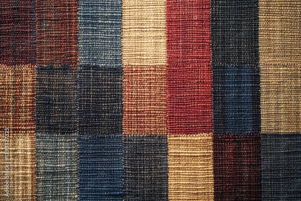 Poster close-up view of a multicolored woven textile with a checkered pattern, showcasing various shades of
