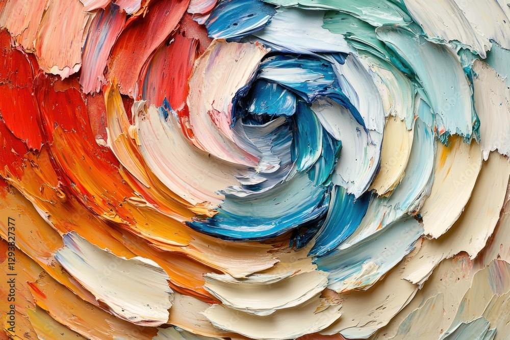 Poster a swirling vortex of vibrant colors in thick, impasto brushstrokes creating a dynamic abstract paint