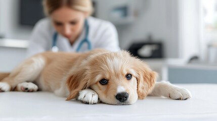 a vet examining a golden retriever puppy on an examination table.