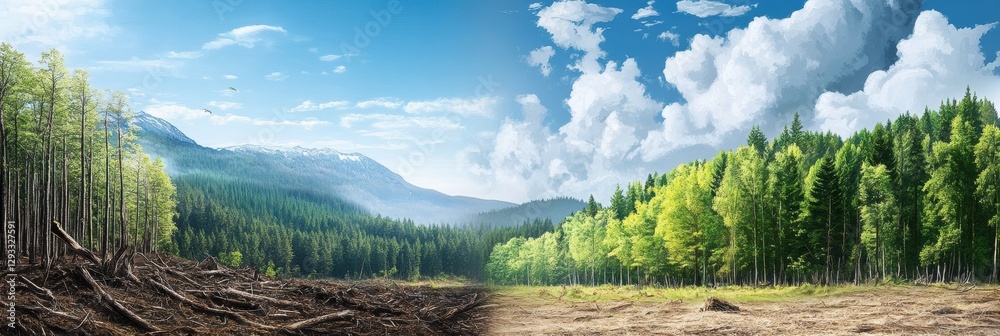 Poster contrasting landscapes show deforestation with dead trees and a vibrant green forest flourishing in 