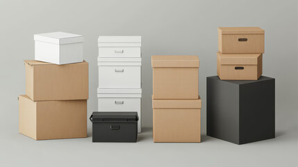 Cardboard parcel box for delivery vector icon. 3d isolated carton white, black and brown paper storage container set. Realistic render of simple blank deliver case for courier distribution in color